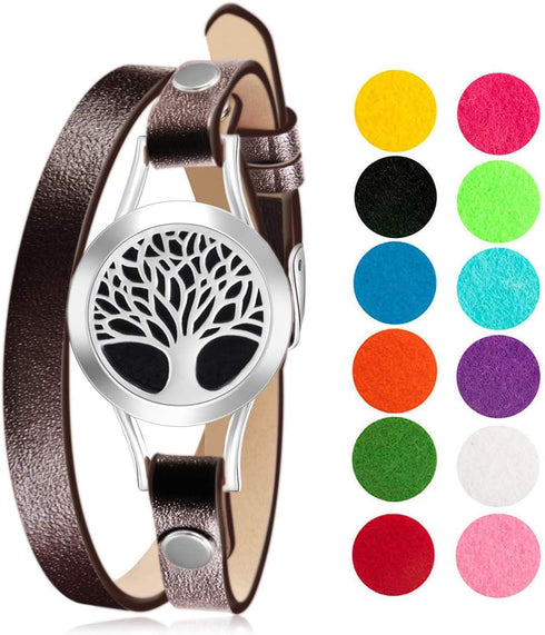 Wild Essentials 12 Tree of Life Essential Oil Bracelet Diffuser, Leather Wrap Band, Stainless Steel Locket Pendant