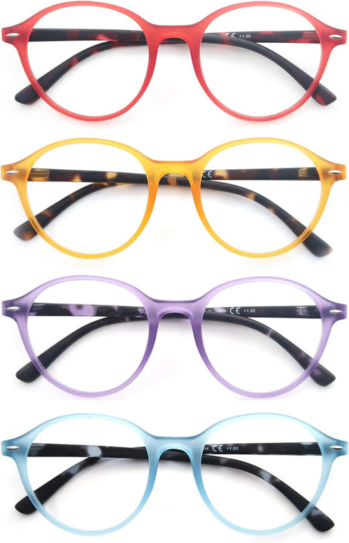 Colorful Reading Glasses for Women, Lightweight Stylish Readers, Cute Cheaters Glasses, 4 Pack with Spring Hinges