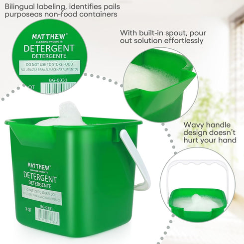 Matthew Red&Green&Blue Detergent and Sanitizing Cleaning Bucket 3 Quart Cleaning Pail,Set of 3 Square Containers,Built-In Spout w/Handle,Wash Rinse Sanitize Handwash Bucket,Incl.3Pcs Microfiber Cloths by MATTHEW CLEANING PRODUCTS