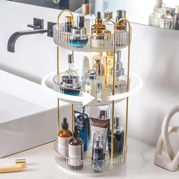 Rotating Makeup Organizer for Vanity | 3 Tier High-Capacity Clear Cosmetic Storage, Perfume Organizers, Dresser