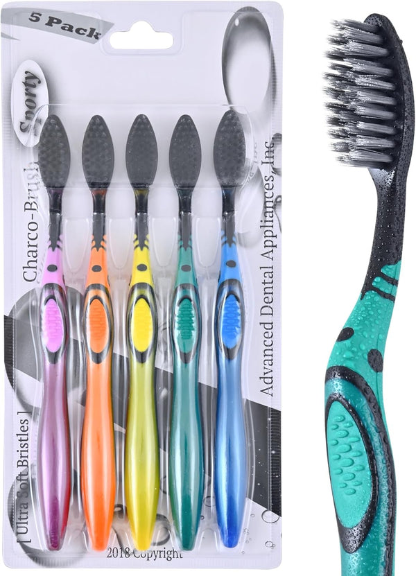 Advanced Oral Care Activated Charcoal Toothbrush - 5 Pack Soft Bamboo Bristle for Gentle Cleaning
