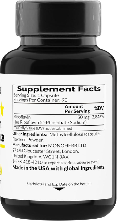 Riboflavin 5'-Phosphate 50 mg - 90 Vegetarian Capsules - Bioactive Vitamin B2 - Made in USA