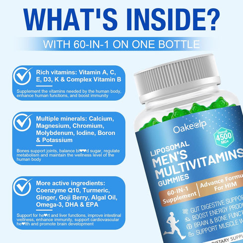 Oakevlp 2 Pack 60-IN-1 Gummy 4500MG+,Vitamin D3 3,CoQ10,Zinc,120+ Immune,Heart Liposomal Methylated Multivitamin