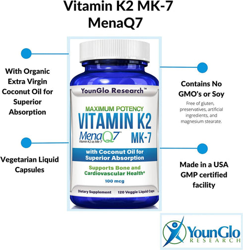 Vitamin K2 MK7 (MenaQ7) 100 mcg with Coconut Oil - Dietary Health Supplement, 120 Vegan Liquid Capsules