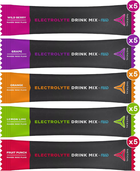 Fluid Tactical Electrolyte Powder Drink Mix, Travel Ready Stick Packs, Variety Pack