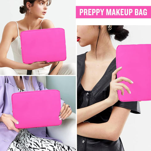 Nylon Large Makeup Bag, Preppy Cute Cosmetic Pouch, Waterproof Toiletry Bag Clutch for Women and Girls (Hot Pink)