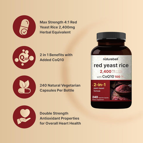 NatureBell Red Yeast Rice, 2,400mg with CoQ10 100mg, 240 Veggie Capsules for Heart Health