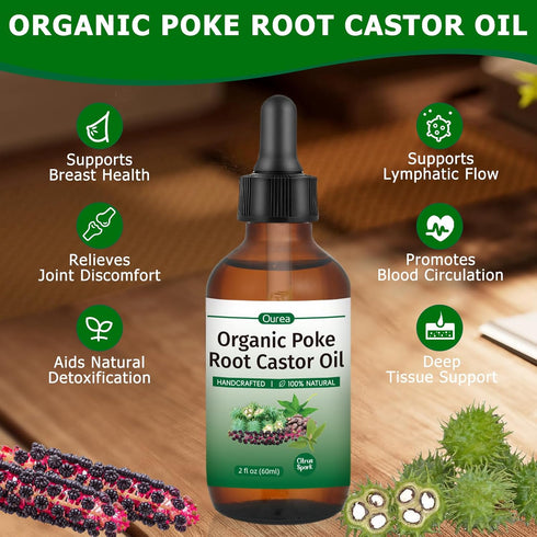 Ourea 2 Oz, Organic Poke Root Castor Oil, Natural Lymphatic Support Massage Oil, Soothing Relief for Cysts, Boils