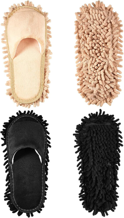 2 Pairs Microfiber Cleaning Mop Slippers for Floor Cleaning, Washable Unisex Dusting Slippers (Black, Beige, Medium)