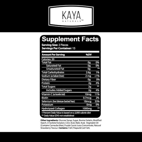 Kaya Naturals Collagen Gummies for Men & Women Supplement | Nature Made Gummies - 1000mg of Hydrolyzed Collagen, Vitamin C, Selenium & Biotin, Strawberry Flavor - 30 Count Gummies