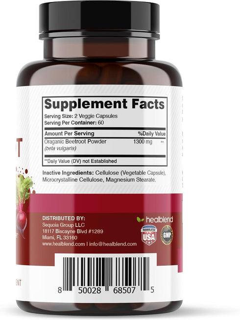 healblend Organic Nitric Oxide Beet Root Capsules 1300mg - Nitric Oxide Booster, Support Immune System - 120 Count