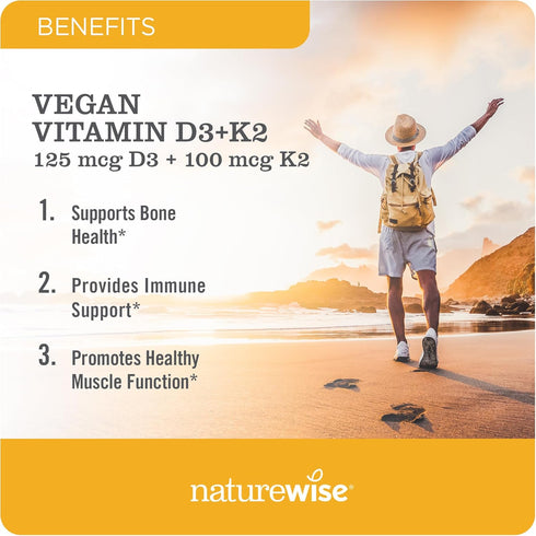 NatureWise Vitamin D3 + K2 with Plant Based Vitamin D3 5000IU & 100mcg Vitamin K2 - Max Absorption - 60 Softgels
