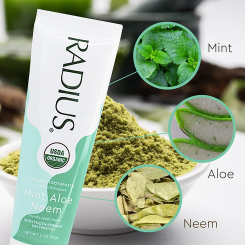 RADIUS Toothpaste, Mint Aloe Neem, 3 oz, USDA Organic, Non-Toxic, Gluten-Free, Pack of 1 for Gum Health & Cavities