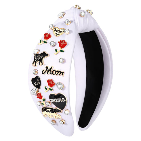 Mother’s Day Headband for Women Beaded Mama Knotted Headband Glitter Embellished Rhinestone Pearl Headband Holiday Wide Top Knot Headband Mother’s Day Hair Accessories Gifts (White)