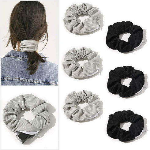 Pocket Scrunchies with Zipper Stash, Hair Ties (Black Gray)