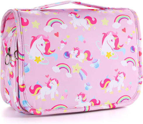 Kids Hanging Toiletry Bag for Girls, Travel Waterproof Wash Bag for Little Young Girls Cosmetic Makeup, Unicorn Pink