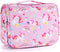 Kids Hanging Toiletry Bag for Girls, Travel Waterproof Wash Bag for Little Young Girls Cosmetic Makeup, Unicorn Pink