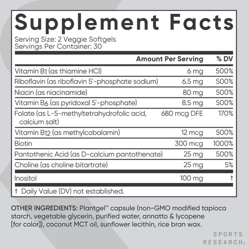 Sports Research Vitamin B-Complex - Full Spectrum of B Vitamins - 60 Veggie Softgels