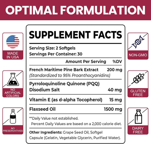French Maritime Pine Bark Extract 200 mg, Premium Pycnogenol with PQQ for Vascular, Heart & Joint Function