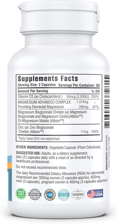 (120 Capsules), Glycinate, Bisglycinate, Malate, Zinc, Vitamin D3 for Brain, Sleep, Cramps, Headaches, Energy, Bones, Immune, Providing 280mg Elemental Magnesium, from Kappa Nutrition.