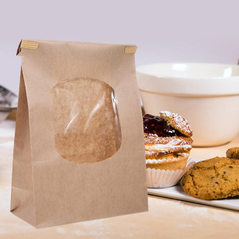 TOPPERFUN 50pcs Packaging Kraft Paper Bread Bags with Window, Large Reusable Bread Bags for Toast Wrapping and Bakery
