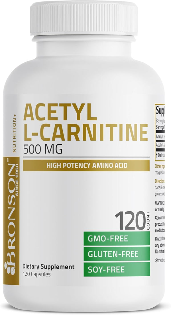 Bronson Acetyl L-Carnitine 500 MG, High Potency Amino Acid, Non-GMO, 120 Capsules