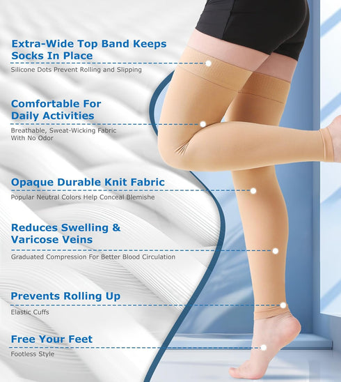 MGANG Thigh High Compression Stockings, 20-30 mmHg Graduated, Medical, Beige L for Men & Women