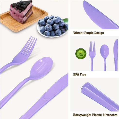 150 Piece Purple Plastic Silverware Set, Includes 50 Forks, 50 Spoons, and 50 Knives for Party Decorations