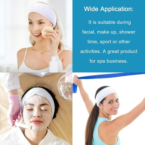 White Elastic Terry Cloth Spa Headband, 8 Pack Washable Makeup Headband with Magic Tape