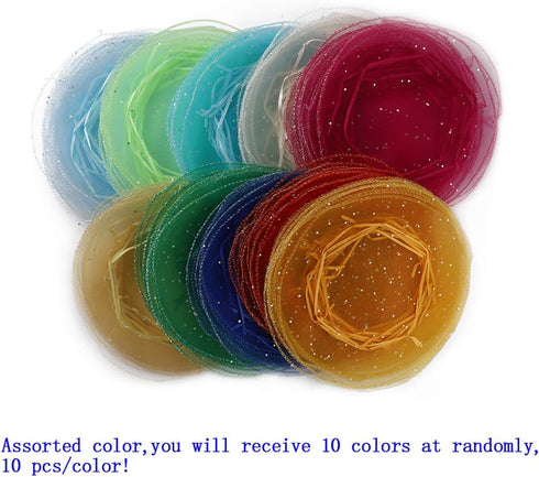 100pcs 9.8 Inch Round Drawstring Organza Bags, Mixed Color Jewelry Candy Pouch for Party Favor Gift Packaging