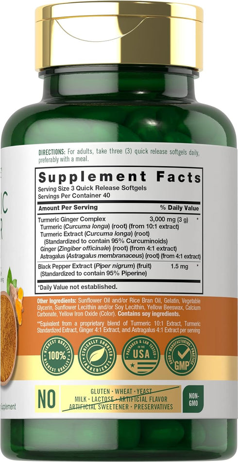 Carlyle Turmeric and Ginger Supplement 3000 mg | 120 Softgel Capsules | Turmeric Curcumin Complex | Non-GMO, Gluten Free