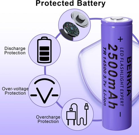 14500 Rechargeable Battery 2500mAh 3.7V High Capacity Lithium Button Top 4 Pack for Flashlight Headlamp