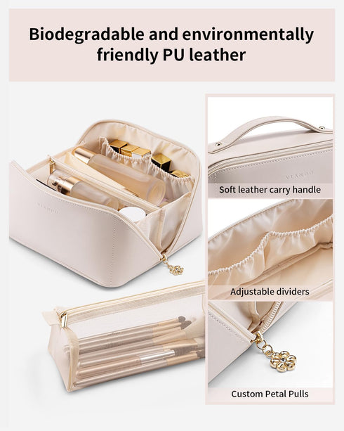 Vlando Travel Makeup Bag, White PU Leather Portable Organizer with Divider and Handle, Toiletry Bag for Women