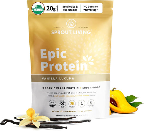 Sprout Living Epic Protein, 20 Grams Organic Plant Based Protein Powder, Vanilla Lucuma, Vegan, 1 Pound