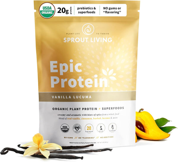 Sprout Living Epic Protein, 20 Grams Organic Plant Based Protein Powder, Vanilla Lucuma, Vegan, 1 Pound