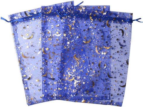 SUNGULF 100Pcs Blue Sheer Organza Drawstring Pouches with Stars and Moon for Wedding Party Favor Bags