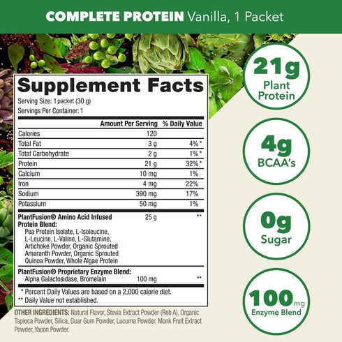 PlantFusion Complete Vegan Protein Powder Sample Packets - Plant Based Protein Powder Packets to-Go with BCAAs and Pea Protein - Keto, Gluten Free, Non-Dairy, No Sugar (Vanilla Pack of 4)