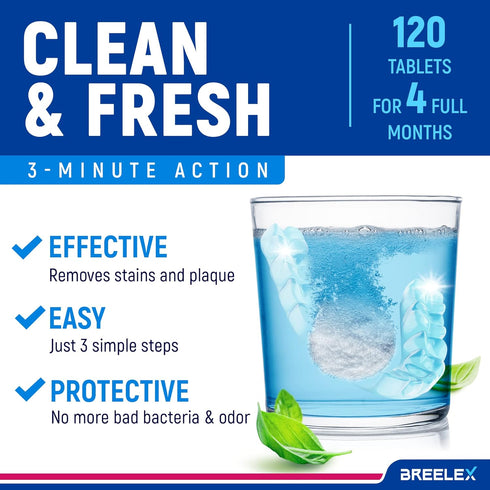 Denture Cleaning Tablets - 120 Tablets for Aligner, Mouth & Night Guard - FSA HSA Approved, Fresh in 3 Minutes
