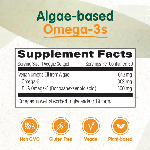 OmegaVia Vegan Omega 3 Supplement, 60 Softgels, 300mg Vegan DHA Omega-3 Fatty Acids, Plant Based, IFOS 5 Star Tested