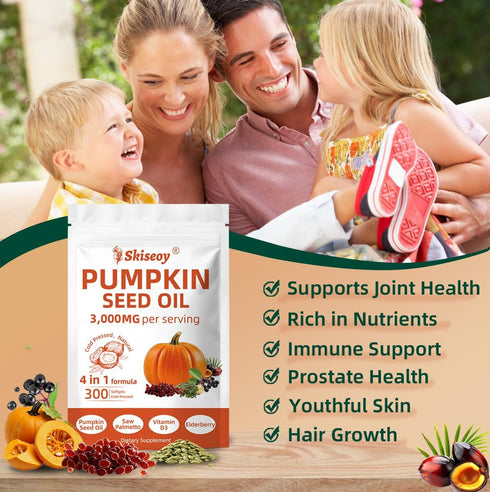 Skiseoy 300 4 1 D3 3000mg Immune Pumpkin Seed Oil with Saw Palmetto, Softgels | in Vitamin & Elderberry, Cold Pressed