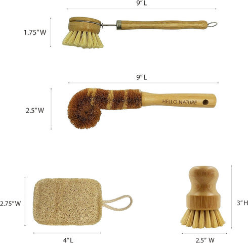 Hello Nature 6pcs Set 3 Set Plant-Based Kitchen Brush by , Sustainable & Biodegradable Natural Fibre Bamboo Dish