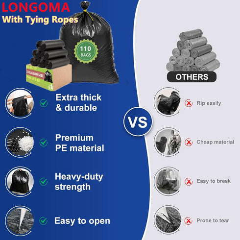 LONGOMA 33 110 Count 1.7 32" 40" 30 31 32 Commercial Gallon Trash Bags, Heavy Duty Garbage Bags MIL, x Large Black Can