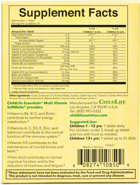 CHILDLIFE ESSENTIALS Multi Vitamin SoftChews - for Infants, Babies, Kids, Toddlers, Children, and Teenagers - Natural Orange Flavor, Sugar Free - 27 Tablets