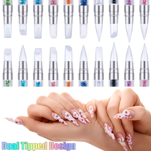 Maitys 10 Pieces Dual Tipped Silicone Nail Tools, Nail Sculpture Pen Brushes for DIY Manicure, Home Salon Kit