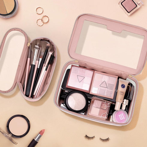 Travel Clear Makeup Bag with Makeup Brush Bag, Portable Waterproof Cosmetic Organizer Storage Bag for Women, Pink