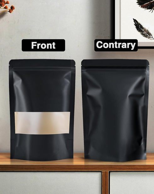100 Pcs Resealable bags,5.5" x 7.9" Stand Up Black Kraft Paper Bags with Matte Window, Zip Lock Food Storage Bags for Packaging Products, Reusable, Sealable
