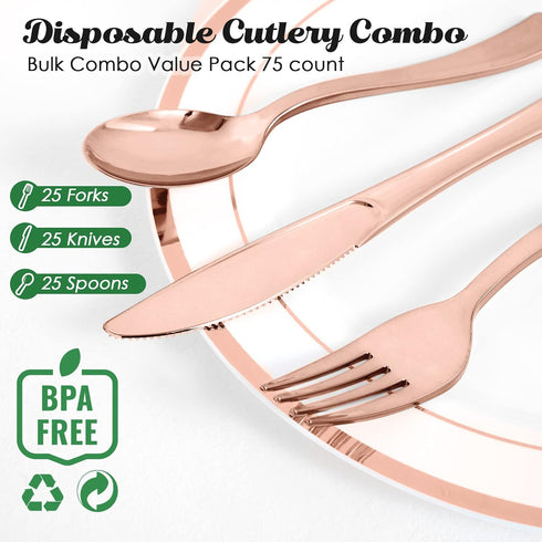 FOCUSLINE 75 Pack Rose Gold Plastic Silverware Disposable Cutlery Set - 25 Forks, 25 Knives, 25 Spoons - Disposable Flatware Heavy Duty Plastic Utensils Set for Catering, Parties, Dinners, Weddings by FOCUSLINE