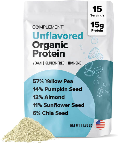 Complement Organic Unflavored Vegan Protein Powder (15 Servings), Low Carb, Low Calorie, Sugar Free, Soy Free, Non-GMO,