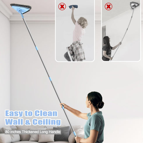 Wall Mop Cleaner with 80 Inches Long Handle, 180° Folding Ceiling Cleaning Tool with Squeegee, Triangle Baseboard Scrubber with 4 Chenille Duster and 2 Microfiber Pads for Washing Painted Walls