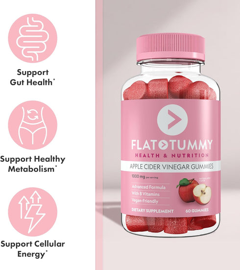 Tummy Gummies, 60 Count Gummies, B6, B9 B12 Flat Apple Cider Vinegar ACV Detox, Support Gut Health Vegan-Friendly
